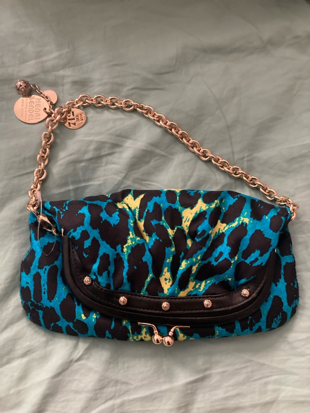 NWOT henri bendel Teal, Blue and Yellow Animal-Print Chain Shoulder Clutch